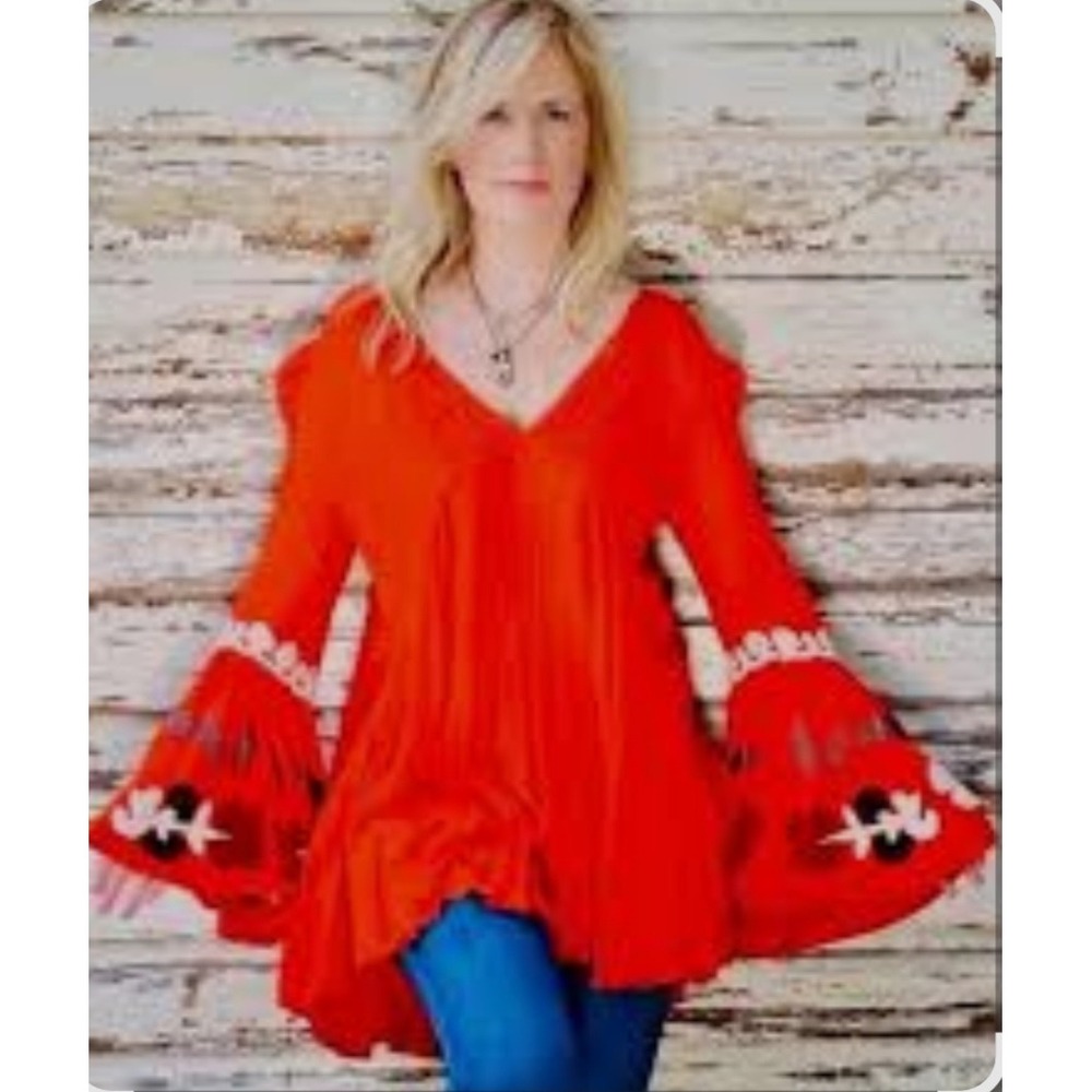 Free People Orange Boho Embroidered Bell Sleeve V-Neck Tunic‎ Top Dress